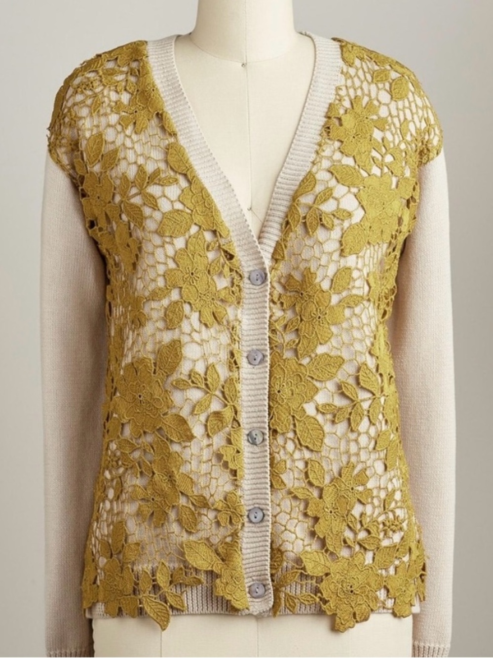 Sundance Women's Tan Cardigan with Olive/Mustard Yellow Crochet Overlay size XL